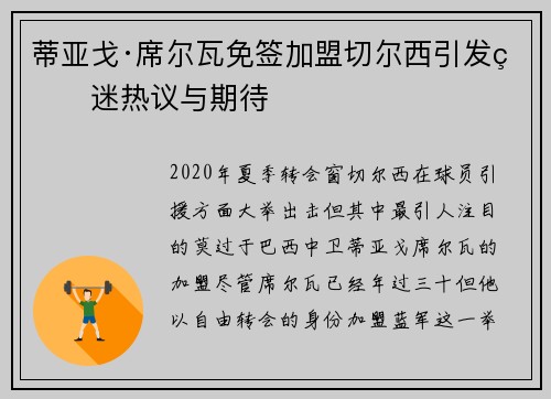 蒂亚戈·席尔瓦免签加盟切尔西引发球迷热议与期待 蒂亚戈·席尔瓦免签加盟切尔西引发球迷热议与期待